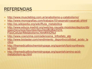 REFERENCIAS
 http://www.muscleblog.com.ar/anabolismo-y-catabolismo/
 http://www.monografias.com/trabajos10/vasanab/vasanab.shtml
 http://es.wikipedia.org/wiki/Ruta_metabólica
 http://www.educa.madrid.org/web/ies.rayuela.mostoles/deptos/dbi
ogeo/recursos/Apuntes/ApuntesBioBach2/4-
FisioCelular/Metabolismo.htm#I442Nut
 http://www.coenzima.com/adenosina_trifosfato_atp
 http://www.biolaster.com/rendimiento_deportivo/utilidad_acido_la
ctico
 http://themedicalbiochemistrypage.org/spanish/lipid-synthesis-
sp.html
 http://themedicalbiochemistrypage.org/spanish/amino-acid-
metabolism-sp.html
 