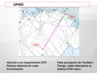 Atención a un requerimiento IATA
Reduce distancia de vuelo
Armonización
UP402
Realineación
Falta aprobación de Trinidad y
...