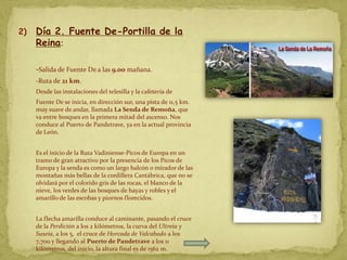 2)   Día 2. Fuente De-Portilla de la
     Reina:

     -Salida de Fuente De a las 9.00 mañana.
     -Ruta de 21 km.
     Desde las instalaciones del telesilla y la cafetería de
     Fuente De se inicia, en dirección sur, una pista de 11,5 km.
     muy suave de andar, llamada La Senda de Remoña, que
     va entre bosques en la primera mitad del ascenso. Nos
     conduce al Puerto de Pandetrave, ya en la actual provincia
     de León.


     Es el inicio de la Ruta Vadiniense-Picos de Europa en un
     tramo de gran atractivo por la presencia de los Picos de
     Europa y la senda es como un largo balcón o mirador de las
     montañas más bellas de la cordillera Cantábrica, que no se
     olvidará por el colorido gris de las rocas, el blanco de la
     nieve, los verdes de las bosques de hayas y robles y el
     amarillo de las escobas y piornos florecidos.


     La flecha amarilla conduce al caminante, pasando el cruce
     de la Perdición a los 2 kilómetros, la curva del Ultreia y
     Suseia, a los 5, el cruce de Horcada de Valcabado a los
     7,700 y llegando al Puerto de Pandetrave a los 11
     kilómetros, del inicio, la altura final es de 1562 m.
 
