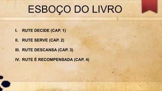 ESBOÇO DO LIVRO
I. RUTE DECIDE (CAP. 1)
II. RUTE SERVE (CAP. 2)
III. RUTE DESCANSA (CAP. 3)
IV. RUTE É RECOMPENSADA (CAP. 4)
 