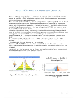 10 | P a g e
CARACTERÍSTICAS POPULACIONAIS EM MOÇAMBIQUE:
Tem uma distribuição inegual em que a maior número da população continua ser localizada perto do
leitoral, faz como que a grande percentagem da população em moçambique encontra se nas cidades
litorais tais com MAPUTO,NAMPULA,e BEIRRA.
A sua densidade populacional é de 33,9 habitantes por quilómetro quadrado a partir de maio de 2015. A
densidade de população é calculada como permanentemente população resolvido de Moçambique
dividida pela área total do país. A área total é a soma das áreas de terra e água dentro dos limites e das
costas dos Moçambique internacionais. A área total de Moçambique é 799 380 km2 de acordo com a
Divisão de Estatística das Nações Unidas.
Também se encontra maior número das mulheres comparado com dos homens. Provavelmente e por
causa das condições riscáveis nas áreas de trabalhos (em guerras, nas minas, acidentes viárias etc.) quais
resulta grande número de mortalidade do sexo masculino que do sexo feminino.
No distrito de KAMAXAQUENE os dados apresenta 223,688 habitantes segundo os dados de census
2007.
População total era 223,688 e área do bairro é de 19.09 quilómetros quadrado equivale a 1909
hectares.
Densidade populacional é de 223,688/1909 =117.2hab/haca.
O distrito de KAMAXAQUENE é uma área urbana caracterizada por uma elevada densidade de
população humana e muitas características do ambiente construído, em comparação com as áreas que
o rodeiam.
Num sentido geral As áreas urbanas pode ser cidades, vilas ou aglomerações urbanas, mas o termo não
é comumente alargada a áreas rurais, como vilas e aldeias.
-15000 -10000 -5000 0 5000 10000 15000
0 - 44812162025 - 29293337414550 - 54545862667075 - 7979838791
pirâmide etária no distrito de
KAMAXAQUENI
Figura 4: Pirâmide etária da população moçambicana. Figura: Pirâmide etária da população distrital-
KAMAXAQUENE
 