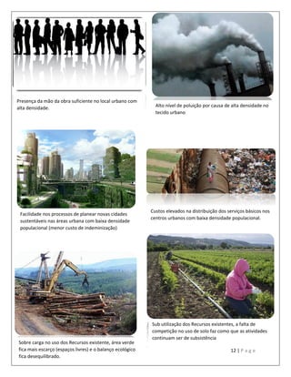 12 | P a g e
Presença da mão da obra suficiente no local urbano com
alta densidade. Alto nível de poluição por causa de alta densidade no
tecido urbano
Custos elevados na distribuição dos serviços básicos nos
centros urbanos com baixa densidade populacional.
Facilidade nos processos de planear novas cidades
sustentáveis nas áreas urbana com baixa densidade
populacional (menor custo de indeminização)
Sub utilização dos Recursos existentes, a falta de
competição no uso de solo faz como que as atividades
continuam ser de subsistência
Sobre carga no uso dos Recursos existente, área verde
fica mais escarço (espaços livres) e o balanço ecológico
fica desequilibrado.
 