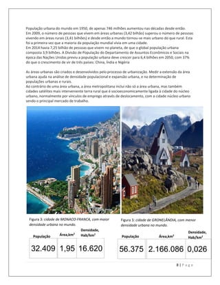 8 | P a g e
População urbana do mundo em 1950, de apenas 746 milhões aumentou nas décadas desde então.
Em 2009, o número de pessoas que vivem em áreas urbanas (3,42 bilhão) superou o número de pessoas
vivendo em áreas rurais (3,41 bilhões) e desde então a mundo tornou-se mais urbano do que rural. Esta
foi a primeira vez que a maioria da população mundial vivia em uma cidade.
Em 2014 havia 7,25 bilhão de pessoas que vivem no planeta, de que o global população urbana
composta 3,9 bilhões. A Divisão de População do Departamento de Assuntos Econômicos e Sociais na
época das Nações Unidas previu a população urbana deve crescer para 6,4 bilhões em 2050, com 37%
do que o crescimento de vir de três países: China, Índia e Nigéria
As áreas urbanas são criados e desenvolvidos pelo processo de urbanização. Medir a extensão da área
urbana ajuda na análise de densidade populacional e expansão urbana, e na determinação de
populações urbanas e rurais.
Ao contrário de uma área urbana, a área metropolitana inclui não só a área urbana, mas também
cidades satélites mais interveniente terra rural que é socioeconomicamente ligada à cidade do núcleo
urbano, normalmente por vínculos de emprego através de deslocamento, com a cidade núcleo urbano
sendo o principal mercado de trabalho.
Figura 3: cidade de MONACO-FRANCA, com maior
densidade urbana no mundo.
32.409 1,95 16.620
População Área,km2
Densidade,
Hab/km2
Figura 3: cidade de GRONELÂNDIA, com menor
densidade urbana no mundo.
56.375 2.166.086 0,026
População Área,km2
Densidade,
Hab/km2
 