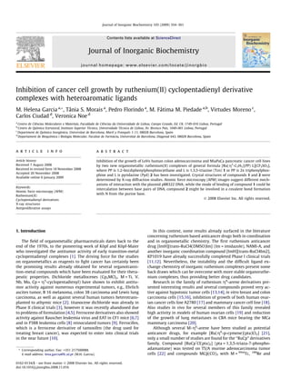 Journal of Inorganic Biochemistry 103 (2009) 354–361



                                                                  Contents lists available at ScienceDirect


                                                    Journal of Inorganic Biochemistry
                                               journal homepage: www.elsevier.com/locate/jinorgbio




Inhibition of cancer cell growth by ruthenium(II) cyclopentadienyl derivative
complexes with heteroaromatic ligands
M. Helena Garcia a,*, Tânia S. Morais a, Pedro Florindo a, M. Fátima M. Piedade a,b, Virtudes Moreno c,
Carlos Ciudad d, Veronica Noe d
a
  Centro de Ciências Moleculares e Materiais, Faculdade de Ciências da Universidade de Lisboa, Campo Grande, Ed. C8, 1749-016 Lisboa, Portugal
b
  Centro de Química Estrutural, Instituto Superior Técnico, Universidade Técnica de Lisboa, Av. Rovisco Pais, 1049-001 Lisboa, Portugal
c
  Department de Química Inorgànica, Universitat de Barcelona, Martí y Franquès 1-11, 08028 Barcelona, Spain
d
  Departament de Bioquímica i Biologia Molecular, Facultat de Farmàcia, Universitat de Barcelona, Diagonal 643, 08028 Barcelona, Spain



article                 info                                abstract

Article history:                                            Inhibition of the growth of LoVo human colon adenocarcinoma and MiaPaCa pancreatic cancer cell lines
Received 7 August 2008                                      by two new organometallic ruthenium(II) complexes of general formula [Ru(g5-C5H5)(PP) L][CF3SO3],
Received in revised form 18 November 2008                   where PP is 1,2-bis(diphenylphosphino)ethane and L is 1,3,5-triazine (Tzn) 1 or PP is 2x triphenylphos-
Accepted 20 November 2008
                                                            phine and L is pyridazine (Pyd) 2 has been investigated. Crystal structures of compounds 1 and 2 were
Available online 6 January 2009
                                                            determined by X-ray diffraction studies. Atomic force microscopy (AFM) images suggest different mech-
                                                            anisms of interaction with the plasmid pBR322 DNA; while the mode of binding of compound 1 could be
Keywords:
                                                            intercalation between base pairs of DNA, compound 2 might be involved in a covalent bond formation
Atomic force microscopy (AFM)
                                                            with N from the purine base.
Ruthenium(II)
                                                                                                                            Ó 2008 Elsevier Inc. All rights reserved.
Cyclopentadienyl derivatives
X-ray structures
Antiproliferative assays




1. Introduction                                                                               In this context, some results already surfaced in the literature
                                                                                           concerning ruthenium based anticancer drugs both in coordination
    The ﬁeld of organometallic pharmaceuticals dates back to the                           and in organometallic chemistry. The ﬁrst ruthenium anticancer
end of the 1970s, to the pioneering work of Köpf and Köpf-Maier                            drug [ImH][trans-RuCl4(DMSO)Im] (Im = imidazole), NAMI-A, and
who investigated the antitumor activity of early transition-metal                          another inorganic coordination compound [ImH][trans-RuCl4Im2],
cyclopentadienyl complexes [1]. The driving force for the studies                          KP1019 have already successfully completed Phase I clinical trials
on organometallics as reagents to ﬁght cancer has certainly been                           [11,12]. Nevertheless, the instability and the difﬁcult ligand ex-
the promising results already obtained for several organotransi-                           change chemistry of inorganic ruthenium complexes present some
tion-metal compounds which have been evaluated for their thera-                            back draws which can be overcome with more stable organoruthe-
peutic properties. Dichloride metallocenes (Cp2MCl2, M = Ti, V,                            nium complexes, thus providing better drug candidates.
Nb, Mo, Cp = g5-cyclopentadienyl) have shown to exhibit antitu-                               Research in the family of ruthenium g6-arene derivatives pre-
mor activity against numerous experimental tumors, e.g., Ehrlich                           sented interesting results and several compounds proved very ac-
ascites tumor, B 16 melanoma, colon 38 carcinoma and Lewis lung                            tive against hypotoxic tumor cells [13,14], in vitro breast and colon
carcinoma, as well as against several human tumors heterotrans-                            carcinoma cells [15,16], inhibition of growth of both human ovar-
planted to athymic mice [2]; titanocene dichloride was already in                          ian cancer cells line A2780 [17] and mammary cancer cell line [18].
Phase II clinical trials [3], however it was recently abandoned due                        Also studies in vivo for several members of this family revealed
to problems of formulation [4,5]. Ferrocene derivatives also showed                        high activity in models of human ovarian cells [19] and reduction
activity against Rauscher leukemia virus and EAT in CF1 mice [6,7]                         of the growth of lung metastases in CBA mice bearing the MCa
and in P388 leukemia cells [8] reinoculated tumors [9]. Ferrocifen,                        mammary carcinoma [20].
                                                                                              Although several M-g6-arene have been studied as potential
which is a ferrocene derivative of tamoxifen (the drug used for
                                                                                           anticancer drugs, for example [Ru(g6-p-cymene)(pta)Cl2] [21],
treating breast cancer), was expected to enter into clinical trials
                                                                                           only a small number of studies are found for the ‘‘RuCp” derivatives
in the near future [10].
                                                                                           family. Compound [RuCp*Cl(pta)2] (pta = 1,3,5-triaza-7-phospho-
                                                                                           adamantane) was tested on TS/A murine adenocarcinoma tumor
    * Corresponding author. Fax: +351 217500088.
                                                                                           cells [22] and compounds MCp(CO)3 with M = 99mTc, 188Re and
                                                                                                                            ´
      E-mail address: lena.garcia@fc.ul.pt (M.H. Garcia).

0162-0134/$ - see front matter Ó 2008 Elsevier Inc. All rights reserved.
doi:10.1016/j.jinorgbio.2008.11.016
 