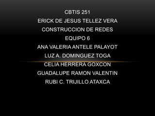 CBTIS 251 ERICK DE JESUS TELLEZ VERA  CONSTRUCCION DE REDES   EQUIPO 6 ANA VALERIA ANTELE PALAYOT  LUZ A. DOMINGUEZ TOGA  CELIA HERRERA GOXCON  GUADALUPE RAMON VALENTIN  RUBI C. TRIJILLO ATAXCA  