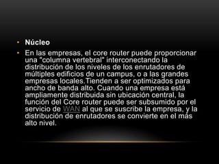 Núcleo En las empresas, el corerouter puede proporcionar una "columna vertebral" interconectando la distribución de los niveles de los enrutadores de múltiples edificios de un campus, o a las grandes empresas locales.Tienden a ser optimizados para ancho de banda alto. Cuando una empresa está ampliamente distribuida sin ubicación central, la función del Corerouter puede ser subsumido por el servicio de WAN al que se suscribe la empresa, y la distribución de enrutadores se convierte en el más alto nivel.