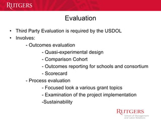 Evaluation 
• Third Party Evaluation is required by the USDOL 
• Involves: 
- Outcomes evaluation 
- Quasi-experimental design 
- Comparison Cohort 
- Outcomes reporting for schools and consortium 
- Scorecard 
- Process evaluation 
- Focused look a various grant topics 
- Examination of the project implementation 
-Sustainability 
 