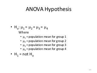 ANOVA Hypothesis

• Ho: m1 = m2 = m3 = m4
    Where
      •   m1 = population mean for group 1
      •   m2 = population mean for group 2
      •   m3 = population mean for group 3
      •   m4 = population mean for group 4
• H1 = not Ho


                                             119
 