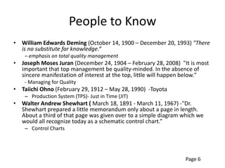 People to Know
• William Edwards Deming (October 14, 1900 – December 20, 1993) "There
  is no substitute for knowledge.“
    – emphasis on total quality management
• Joseph Moses Juran (December 24, 1904 – February 28, 2008) "It is most
  important that top management be quality-minded. In the absence of
  sincere manifestation of interest at the top, little will happen below."
    - Managing for Quality
• Taiichi Ohno (February 29, 1912 – May 28, 1990) -Toyota
    – Production System (TPS)- Just in Time (JIT)
• Walter Andrew Shewhart ( March 18, 1891 - March 11, 1967) -"Dr.
  Shewhart prepared a little memorandum only about a page in length.
  About a third of that page was given over to a simple diagram which we
  would all recognize today as a schematic control chart.”
    – Control Charts




                                                                 Page 6
 