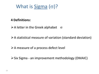 What is Sigma (s)?

     4 Definitions:

     A letter in the Greek alphabet s

     A statistical measure of variation (standard deviation)

     A measure of a process defect level

     Six Sigma - an improvement methodology (DMAIC)


19
 