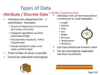 Types of Data
                                              Variable / Continuous Data
• Attribute    / Discrete Data                      Individual unit can be measured on
– Individual unit categorized into a                 a continuum or scale Examples:
  classification. Examples:                           • Length
    • Counts or frequencies of occurrence             • Volume
      (# of errors, # of units)                       • Time
                                                      • Size
    • Categories (good/bad, pass/fail,
                                                      • Width
      low/medium/high)
                                                      • Pressure
    • Characteristics (locations, shift #,            • Temperature
      male/female)                                    • Thickness
    • Groups (complaint codes, error                Can have almost any numeric value
      codes, problem type)
                                                    Can be meaningfully subdivided
– Finite number of values is possible                into finer increments
– Cannot be subdivided meaningfully




                                                                               Page 110
 