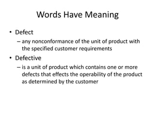 Control Chart
• Time plot of data with Center Line (mean average) & Control Limits
     – Control limits are based on actual process variation (Not specs!)
              • UCL = X-bar (i.e., data mean) + 3s; LCL = X-bar - 3s
     40

     35                                                        Upper Control Limit
                                                                      (UCL)
     30

     25
                                                                         Center Line
                                                                         (X-bar)
     20
                                                               Lower Control Limit
     15
                                                                         (LCL)
     10


          0           5          10         15          20         25

 Voice Of the Process (X-bar, UCL, LCL are based on actual data!):
      Control Limits and Center Line reflect process variation and stability
      A process is predictable (stable) when data points vary randomly within control
       limits. Referred to as a process “in control.”
64                                                                               Page 110
 