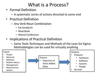 What is a Process?
    • Formal Definition
         – A systematic series of actions directed to some end
    • Practical Definition
         – Any Verb Noun Combination
             • Eat Sandwich
             • Read Book
             • Attend Conference
    • Implications of Practical Definition
         – Same Tools Techniques and Methods of the Lean Six Sigma
           Methodologies can be used for virtually anything
Inputs                                                Outputs
•   People                                            • Products
•   Materials                      Process                • Hardware
•   Methods                        • Sequence of          • Software
•   Mother Nature
                                      Value Added         • Systems
•   Management
•   Measurement
                                      Steps               • People
    System                                            • Services
 