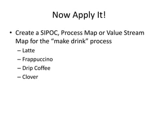 SIPOC Procedure
1.   Agree to the name of the process. Use a Verb + Noun format (e.g.
     Recruit Staff).
2.   Define the Outputs of the process. These are the tangible things
     that the process produces (e.g. a report, or letter).
3.   Define the Customers of the process. These are the people who
     receive the Outputs. Every Output should have a Customer.
4.   Define the Inputs to the process. These are the things that trigger
     the process. They will often be tangible (e.g. a customer request)
5.   Define the Suppliers to the process. These are the people who
     supply the inputs. Every input should have a Supplier. In some
     “end-to-end” processes, the supplier and the customer may be
     the same person.
6.   Define the sub-processes that make up the process. These are the
     activities that are carried out to convert the inputs into outputs.
     They will form the basis of a process map.
 