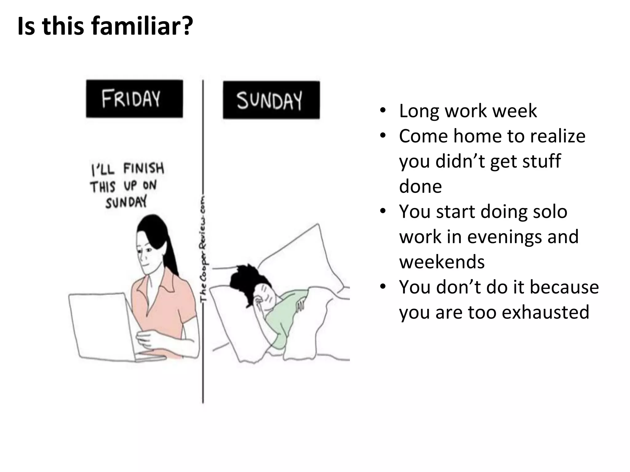 Is this familiar?
• Long work week
• Come home to realize
you didn’t get stuff
done
• You start doing solo
work in evenings and
weekends
• You don’t do it because
you are too exhausted
 