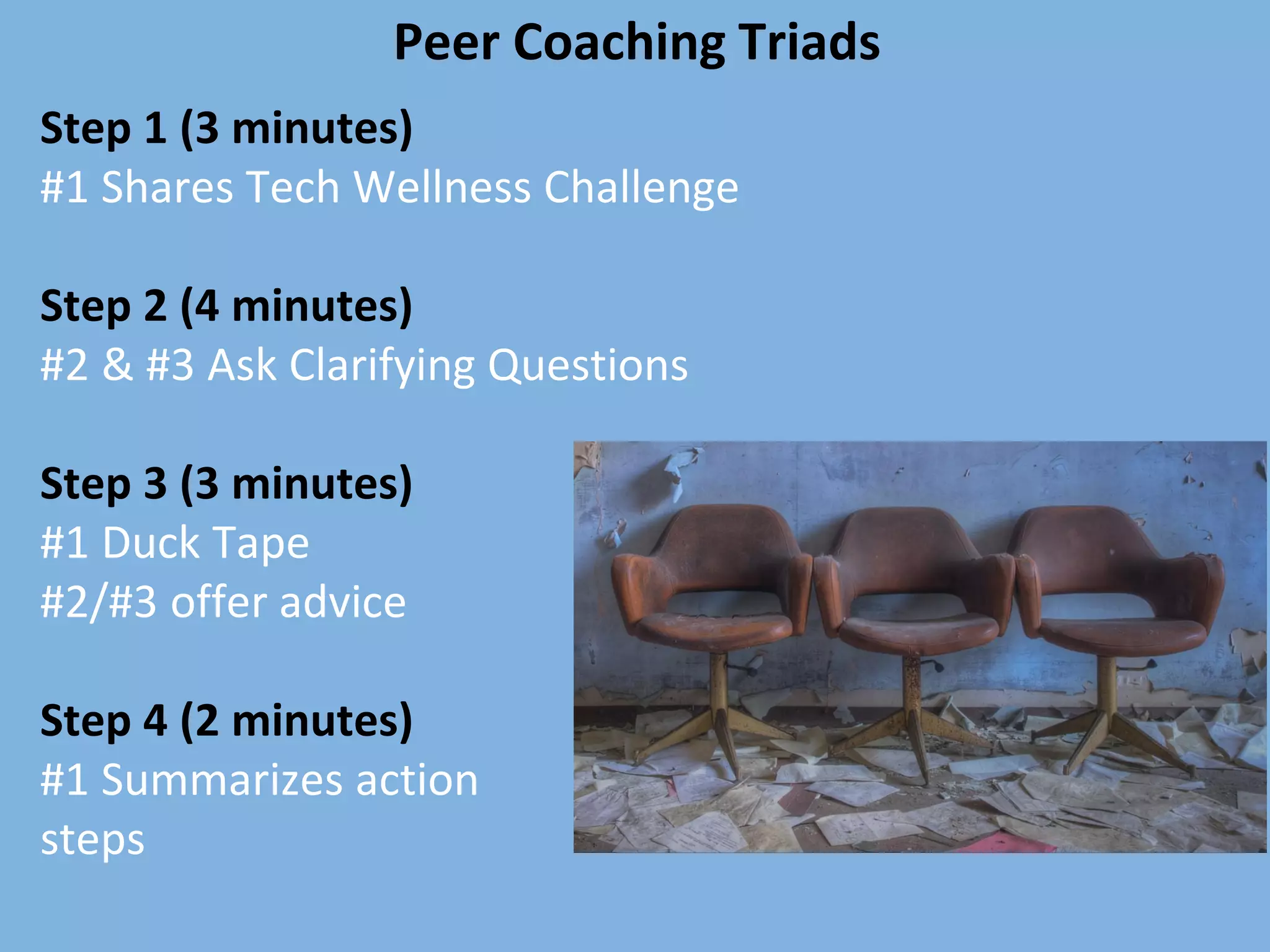 Peer Coaching Triads
Step 1 (3 minutes)
#1 Shares Tech Wellness Challenge
Step 2 (4 minutes)
#2 & #3 Ask Clarifying Questions
Step 3 (3 minutes)
#1 Duck Tape
#2/#3 offer advice
Step 4 (2 minutes)
#1 Summarizes action
steps
 