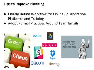 Tips to Improve Planning
● Clearly Define Workflow for Online Collaboration
Platforms and Training
● Adopt Formal Practices Around Team Emails
 