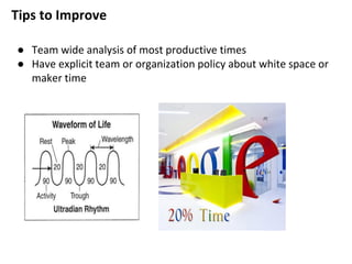 Tips to Improve
● Team wide analysis of most productive times
● Have explicit team or organization policy about white space or
maker time
 