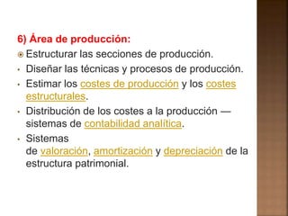 6) Área de producción: 
 Estructurar las secciones de producción. 
• Diseñar las técnicas y procesos de producción. 
• Estimar los costes de producción y los costes 
estructurales. 
• Distribución de los costes a la producción — 
sistemas de contabilidad analítica. 
• Sistemas 
de valoración, amortización y depreciación de la 
estructura patrimonial. 
 