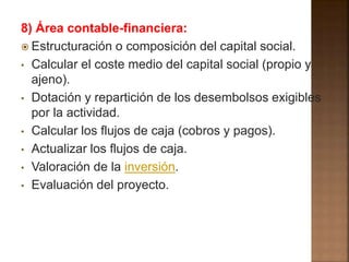 8) Área contable-financiera: 
 Estructuración o composición del capital social. 
• Calcular el coste medio del capital social (propio y 
ajeno). 
• Dotación y repartición de los desembolsos exigibles 
por la actividad. 
• Calcular los flujos de caja (cobros y pagos). 
• Actualizar los flujos de caja. 
• Valoración de la inversión. 
• Evaluación del proyecto. 
 