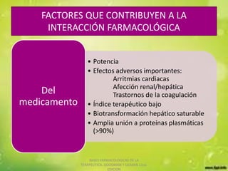 FACTORES QUE CONTRIBUYEN A LA
INTERACCIÓN FARMACOLÓGICA
• Potencia
• Efectos adversos importantes:
Arritmias cardiacas
Afección renal/hepática
Trastornos de la coagulación
• Índice terapéutico bajo
• Biotransformación hepático saturable
• Amplia unión a proteínas plasmáticas
(>90%)
Del
medicamento
BASES FARMACOLOGICAS DE LA
TERAPEUTICA. GOODMAN Y GILMAN 11va.
EDICION
 
