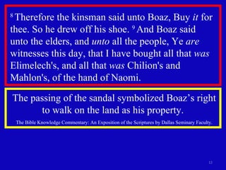 8  Therefore the kinsman said unto Boaz, Buy  it  for thee. So he drew off his shoe.  9  And Boaz said  unto the elders, and  unto  all the people, Ye  are  witnesses this day, that I have bought all that  was  Elimelech's, and all that  was  Chilion's and Mahlon's, of the hand of Naomi.  The passing of the sandal symbolized Boaz’s right to walk on the land as his property.  The Bible Knowledge Commentary: An Exposition of the Scriptures by Dallas Seminary Faculty. 