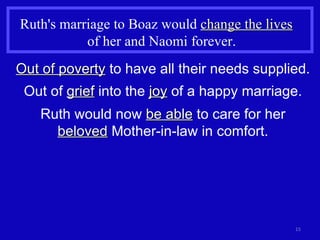 Ruth's marriage to Boaz would  change the lives   of her and Naomi forever. Out of poverty  to have all their needs supplied. Out of  grief  into the  joy  of a happy marriage. Ruth would now  be able  to care for her  beloved  Mother-in-law in comfort. 