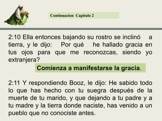 ContinuacionCapítulo 22:10 Ella entonces bajando su rostro se inclinó� a tierra, y le dijo: �Por qué� he hallado gracia en tus ojos para que me reconozcas, siendo yo extranjera? Comienza a manifestarse la gracia.2:11 Y respondiendo Booz, le dijo: He sabido todo lo que has hecho con tu suegra después de la muerte de tu marido, y que dejando a tu padre y a tu madre y la tierra donde naciste, has venido a un pueblo que no conociste antes.