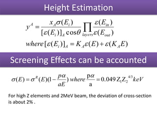 Height Estimation
)()()]([
)(
)(
cos)]([
)(
EKEKEwhere
E
E
E
Ex
y
AAAi
layers out
in
Ai
iAA






 
Screening Effects can be accounted
keVwhere
aE
p
EE R 4/3
21ZZ0.049
a
p
)1)(()( 


For high Z elements and 2MeV beam, the deviation of cross-section
is about 2% .
 