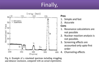 Finally,
Pros
1. Simple and fast
2. Accurate
Cons
1. Resonance calculations are
not possible
2. Nuclear reaction analysis is
not possible.
3. Screening effects are
accounted only upto first
order
4. Channeling effects
 
