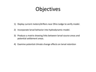 Objectives
1) Deploy current meters/drifters near Ohio Ledge to verify model.
2) Incorporate larval behavior into hydrodynamic model.
3) Produce a matrix showing links between larval source areas and
potential settlement areas.
4) Examine potential climate change effects on larval retention
 