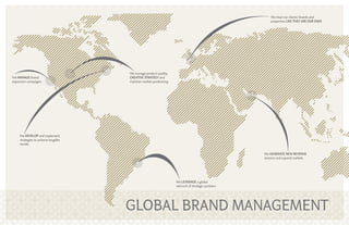 We treat our clients’ brands and
                                                                                                        properties LIKE THEY ARE OUR OWN




                                      We manage product quality,
We MANAGE brand                       CREATIVE STRATEGY and
expansion campaigns                   maintain market positioning




     We DEVELOP and implement
     strategies to achieve tangible
     results

                                                                                                    We GENERATE NEW REVENUE
                                                                                                    streams and expand markets




                                                                    We LEVERAGE a global
                                                                    network of strategic partners




                                      GLOBAL BRAND MANAGEMENT
 
