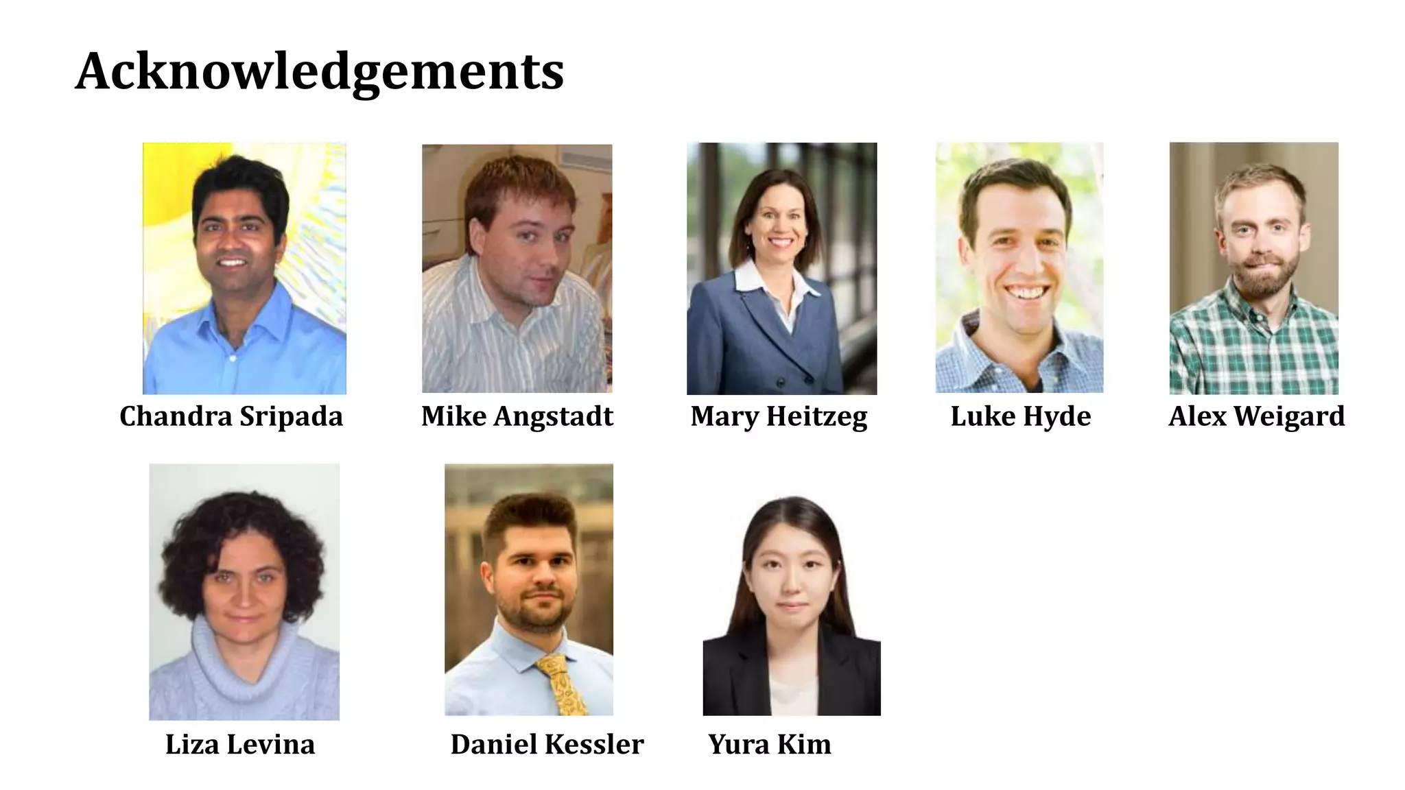 Acknowledgements
Liza Levina Daniel Kessler Yura Kim
Chandra Sripada Mike Angstadt Mary Heitzeg Luke Hyde Alex Weigard
 
