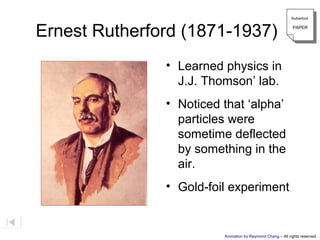 Rutherford
                                                             Rutherford



Ernest Rutherford (1871-1937)                                PAPER
                                                              PAPER




               • Learned physics in
                 J.J. Thomson’ lab.
               • Noticed that ‘alpha’
                 particles were
                 sometime deflected
                 by something in the
                 air.
               • Gold-foil experiment


                         Animation by Raymond Chang – All rights reserved.
 