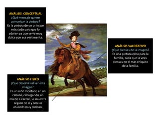 ANÁLISIS CONCEPTUAL
   ¿Qué mensaje quiere
   comunicar la pintura?
Es la pintura de un príncipe
    retratado para que lo
 adoren ya que se ve muy
 dulce con esa vestimenta.

                                  ANÁLISIS VALORATIVO
                               ¿Qué piensas de la imagen?
                               Es una pintura echa para la
                                 familia, cada que la veas
                                piensas en el mas chiquito
                                       dela familia.



      ANÁLISIS FíSICO
 ¿Qué observas al ver esta
          imagen?
 Es un niño montado en un
  caballo, cabalgando sin
 miedo a caerse, se muestra
    seguro de si y con un
   atuendo muy curioso.
 