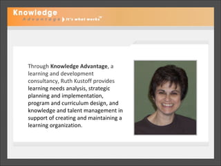 Through Knowledge Advantage, a
learning and development
consultancy, Ruth Kustoff provides
learning needs analysis, strategic
planning and implementation,
program and curriculum design, and
knowledge and talent management in      http://www.knowledgeadvantage.biz

                                        860.256.7879
support of creating and maintaining a
learning organization.
 