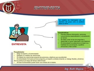 ENTREVISTA
Procedimiento:
• Elegir al experto y el entrevistador
• Designar un maestro de ceremonias.
• El maestro de ceremonias presenta las personas y objetivos que se pretenden
• El entrevistador formula la primera pregunta y el experto contesta iniciando un dialogo flexible y dinámico
Así se continua a lo largo del tiempo determinado
• Al final el entrevistado puede hacer una síntesis de lo tratado.
Un experto es interrogado por un
miembro del grupo ante el auditorio
sobre un tema
Características:
• Permite obtener información, opiniones,
conocimientos especializados y actualización
en temas.
• Se debe cuidar el tipo de preguntas y
desarrollar un guion adecuado a los objetivos
• El entrevistador se selecciona en base a su
habilidad de conversación, equilibrio
emocional y trato cordial.
 
