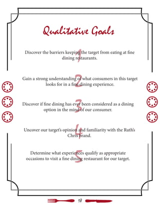 Qualitative Goals
1
2
3
4
5
Discover the barriers keeping the target from eating at fine
dining restaurants.
Gain a strong understanding of what consumers in this target
looks for in a fine dining experience.
Discover if fine dining has ever been considered as a dining
option in the mind of our consumer.
Uncover our target’s opinion and familiarity with the Ruth’s
Chris brand.
Determine what experiences qualify as appropriate
occasions to visit a fine dining restaurant for our target.
18
 