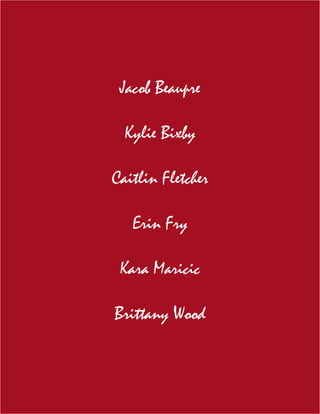 Jacob Beaupre
Kylie Bixby
Caitlin Fletcher
Erin Fry
Kara Maricic
Brittany Wood
 