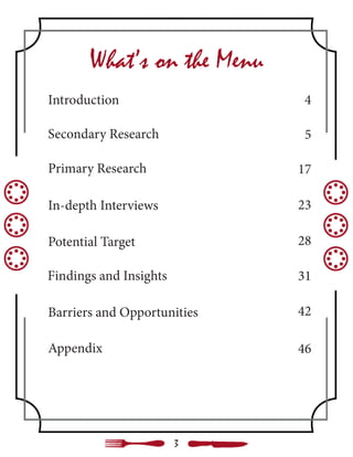 What’s on the Menu
Introduction
Secondary Research
Primary Research
Findings and Insights
Barriers and Opportunities
Appendix
In-depth Interviews
Potential Target
3
4
5
17
23
28
31
42
46
 