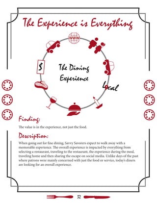 The Experience is Everything
When going out for fine dining, Savvy Savorers expect to walk away with a
memorable experience. The overall experience is impacted by everything from
selecting a restaurant, traveling to the restaurant, the experience during the meal,
traveling home and then sharing the escape on social media. Unlike days of the past
where patrons were mainly concerned with just the food or service, today’s diners
are looking for an overall experience.
Description:
Finding:
The value is in the experience, not just the food.
32
 