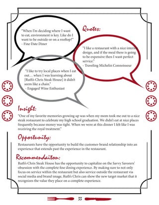 “When I’m deciding where I want
to eat, environment is key. Like do I
want to be outside or on a rooftop?”
- Fine Date Diner
“I like a restaurant with a nice interior
design, and if the meal there is going
to be expensive then I want perfect
service.”
- Traveling Michelin Connoisseur
“I like to try local places when I eat
out… when I was learning about
[Ruth’s Chris Steak House] it didn’t
seem like a chain.”
- Engaged Wine Enthusiast
“One of my favorite memories growing up was when my mom took me out to a nice
steak restaurant to celebrate my high school graduation. We didn’t eat at nice places
frequently because money was tight. When we were at this dinner I felt like I was
receiving the royal treatment.”
Quotes:
Insight:
Opportunity:
Recommendaiton:
Restaurants have the opportunity to build the customer-brand relationship into an
experience that extends past the experience in the restaurant.
Ruth’s Chris Steak House has the opportunity to capitalize on the Savvy Savorers’
obsession with the complete fine dining experience. By making sure to not only
focus on service within the restaurant but also service outside the restaurant via
social media and brand image, Ruth’s Chris can show the new target market that it
recognizes the value they place on a complete experience.
33
 