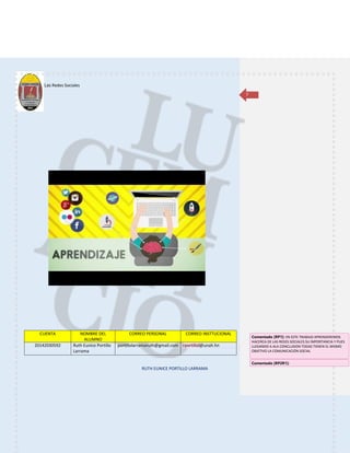 Las Redes Sociales
RUTH EUNICE PORTILLO LARRAMA
7
CUENTA NOMBRE DEL
ALUMNO
CORREO PERSONAL CORREO INSTTUCIONAL
20142030592 Ruth Eunice Portillo
Larrama
portillolarramaruth@gmail.com rportillol@unah.hn
Que es una red
Comentado [RP1]: EN ESTE TRABAJO APRENDEREMOS
HACERCA DE LAS REDES SOCIALES SU IMPORTANCIA Y PUES
LLEGANDO A ALA CONCLUSION TODAS TIENEN EL MISMO
OBJETIVO LA COMUNICACIÓN SOCIAL
Comentado [RP2R1]:
 