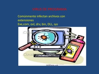 VIRUS DE PROGRAMA
Comúnmente infectan archivos con
extensiones
Exe,com, ovl, drv, bin, DLL, sys
 