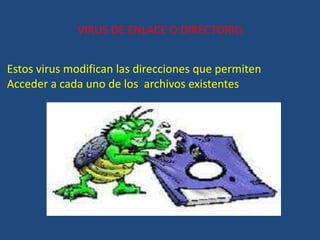 VIRUS DE ENLACE O DIRECTORIO
Estos virus modifican las direcciones que permiten
Acceder a cada uno de los archivos existentes
 
