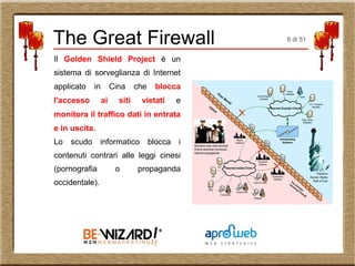 Il Golden Shield Project è un
sistema di sorveglianza di Internet
applicato in Cina che blocca
l'accesso ai siti vietati e
monitora il traffico dati in entrata
e in uscita.
Lo scudo informatico blocca i
contenuti contrari alle leggi cinesi
(pornografia o propaganda
occidentale).
The Great Firewall 6 di 51
 