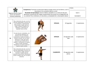 Regional Distrito Capital
Centro de Hotelería
Turismo y Alimentos
Competencia: Promover la interacción idónea consigo mismo con los demás y con la
naturaleza en los contextos laboral y social.
Resultado de Aprendizaje: Generar hábitos saludables en su estilo de vida para
garantizar la prevención de riesgos ocupacionales de acuerdo con el diagnostico de
su condición física individual y la naturaleza y complejidad de su desempeño laboral
Fecha:
_______________________
Guía 3
Actividad 2
13
Nos colocamos de pie, con las
piernas separadas al ancho de
sus hombros y ligeramente
flexionadas, luego vamos a
coger nuestros tobillos sin
soltarlos y estiramos la
espalda hacia arriba.
ESPALDA 10 segundos 3 repeticiones
14
Ya sea de pie o sentados, con
las piernas abiertas a la
anchura de sus hombros,
levantamos nuestros brazos y
vamos a tomar con la mano
derecha el codo del brazo
izquierdo por detrás de la
cabeza y inclinamos el cuerpo
hacia el lado izquierdo.
Repetimos el mismo ejercicio
hacia el lado inverso
ESPALDA 10 segundos cada
lado
6 repeticiones
15
Nos colocamos de pie, con las
piernas separadas al ancho de
los hombros, luego vamos a
levantar nuestra pierna
derecha hacia atrás intentando
tomar nuestro pie con la mano
derecha.
CUADRICEPS 20 segundos cada
pierna
6 repeticiones
 