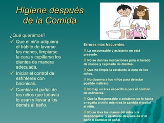 Higiene después de la Comida ¿Qué queremos? Que el niño adquiera el hábito de lavarse las manos, limpiarse la cara y cepillarse los dientes de manera adecuada. Iniciar el control de esfínteres con bacinicas. Cambiar el pañal de los niños que todavía lo usan y llevar a los demás al baño. Errores más frecuentes. La responsable y asistente no está presente. No se dan las indicaciones para el lavado de manos y cepillado de dientes. Que no limpie la asistente la cara de los niños. No observa a los niños para detectar posible maltrato. No hay un área específica para el control de esfínteres. Que la Responsable o asistente no le habla o regaña al niño mientras le cambia el pañal al niño. No se lava las manos del niño o la Responsable  y asistente después de ir al baño o cambiar el pañal. 