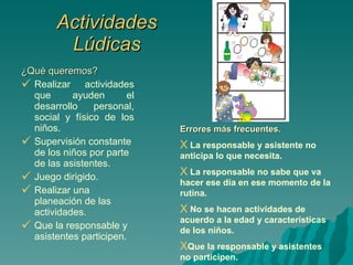 Actividades Lúdicas ¿Qué queremos? Realizar actividades que ayuden el desarrollo personal, social y físico de los niños. Supervisión constante de los niños por parte de las asistentes. Juego dirigido. Realizar una planeación de las actividades. Que la responsable y asistentes participen. Errores más frecuentes. La responsable y asistente no anticipa lo que necesita. La responsable no sabe que va hacer ese día en ese momento de la rutina. No se hacen actividades de acuerdo a la edad y características de los niños. Que la responsable y asistentes no participen. 