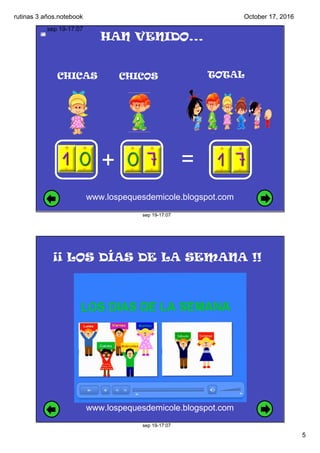 rutinas 3 años.notebook
5
October 17, 2016
sep 19­17:07
www.lospequesdemicole.blogspot.com
HAN VENIDO...
CHICAS CHICOS TOTAL
+ =
 sep 19­17:07
sep 19­17:07
www.lospequesdemicole.blogspot.com
¡¡ LOS DÍAS DE LA SEMANA !!
 